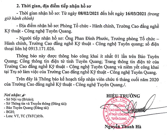 Trường Cao đẳng Nghề Kỹ thuật - Công nghệ Tuyên Quang tiếp nhận viên chức 6 tháng cuối năm 2020