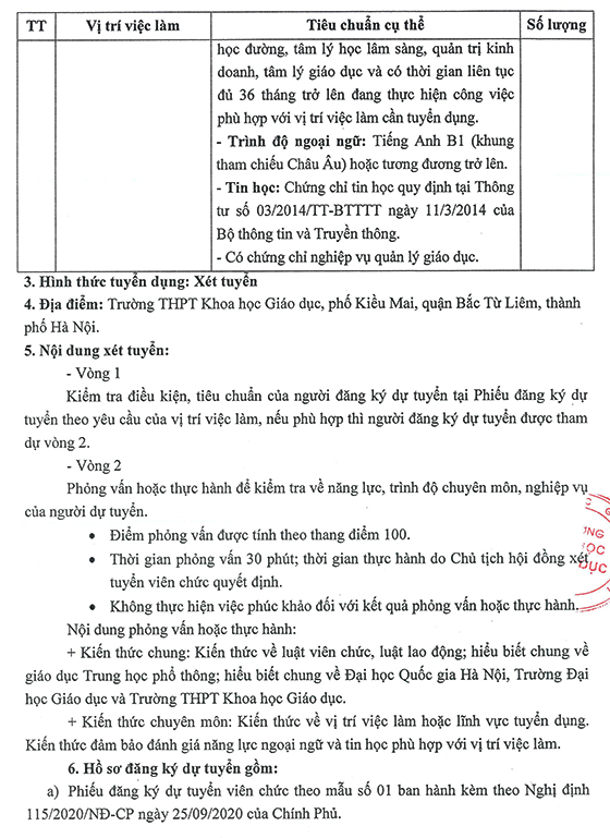 Trường THPT Khoa học Giáo dục trực thuộc Trường Đại học Giáo dục, ĐHQGHN tuyển dụng viên chức năm 2021