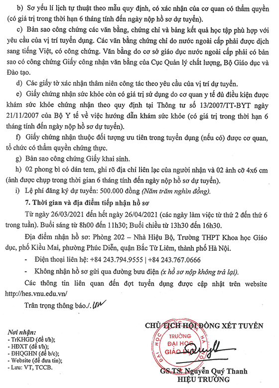 Trường THPT Khoa học Giáo dục trực thuộc Trường Đại học Giáo dục, ĐHQGHN tuyển dụng viên chức năm 2021