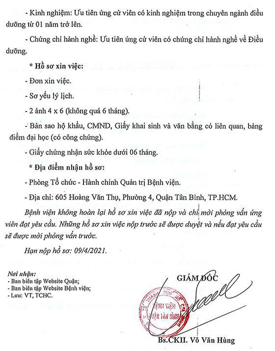 Bệnh viện Quận Tân Bình, TP. Hồ Chí Minh tuyển dụng nhân sự năm 2021