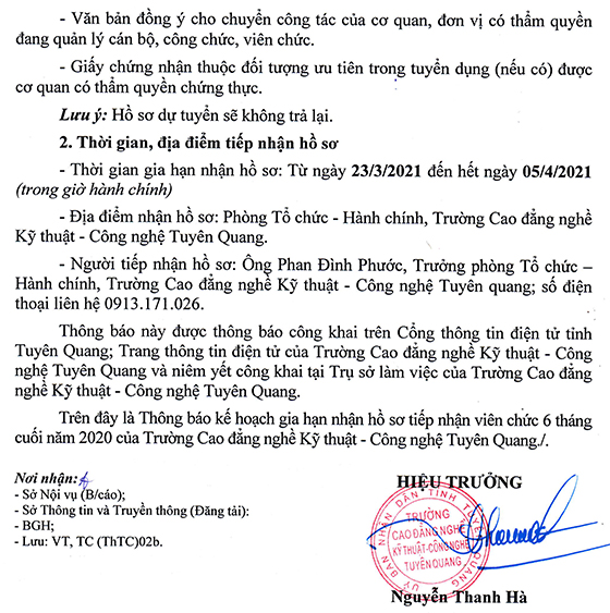 Trường CĐ Nghề Kỹ thuật – Công nghệ Tuyên Quang gia hạn thời gian tiếp nhận viên chức 6 tháng cuối năm 2020