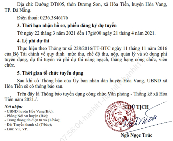 UBND xã Hòa Tiến, TP. Đà Nẵng tuyển dụng công chức năm 2021