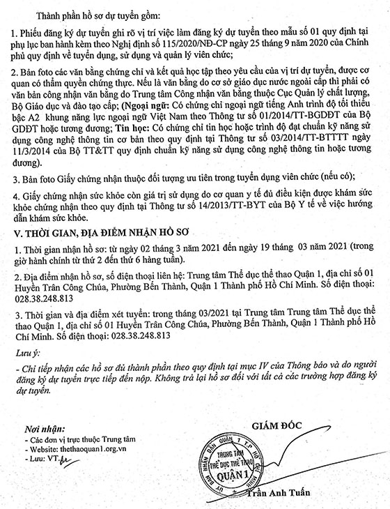 TT Thể dục thể thao Quận 1, TP.Hồ Chí Minh tuyển dụng viên chức năm 2021