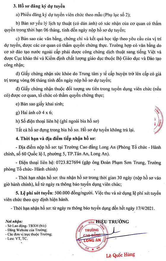 Trường Cao đẳng Long An tuyển dụng viên chức năm 2021