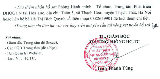 Trung tâm Phát triển ĐHQGHN tuyển dụng LĐHĐ năm 2021