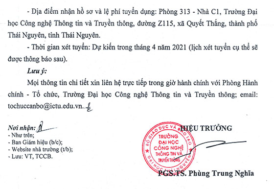 Trường ĐH Công nghệ Thông tin và Truyền thông - ĐH Thái Nguyên tuyển dụng viên chức năm 2021