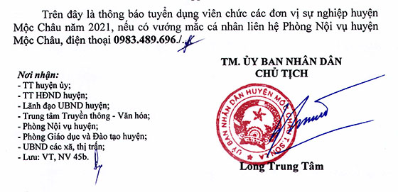 UBND huyện Mộc Châu, Sơn La tuyển dụng viên chức các đơn vị sự nghiệp năm 2021