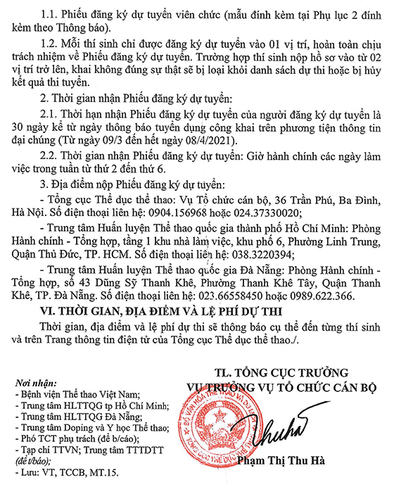 Tổng cục Thể dục Thể thao - Bộ VH, TT&DL tuyển dụng viên chức năm 2021