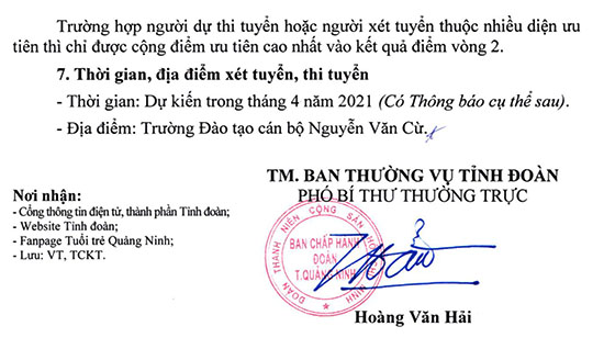 Ban Thường vụ Tỉnh đoàn Quảng Ninh tuyển dụng năm 2021