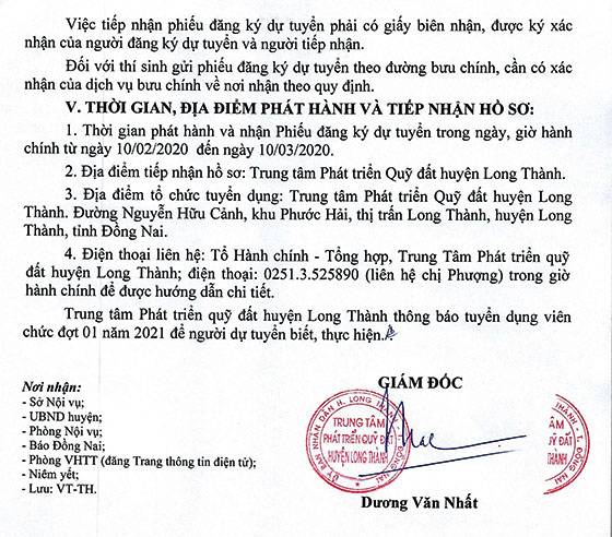 TT Phát triển quỹ đất huyện Long Thành, Đồng Nai tuyển dụng viên chức đợt 1 năm 2021