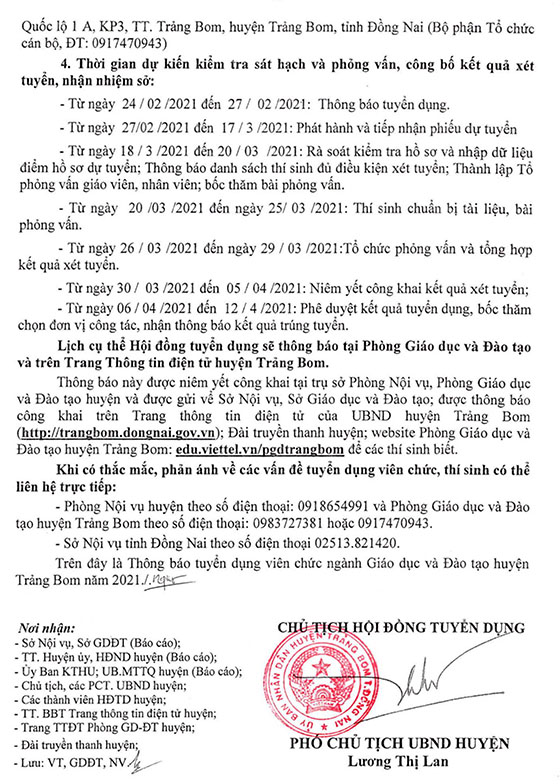UBND huyện Trảng Bom, Đồng Nai tuyển dụng giáo viên và nhân viên trường học năm 2021