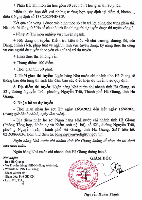 Ngân hàng Nhà nước chi nhánh tỉnh Hà Giang tuyển dụng công chức loại D năm 2021