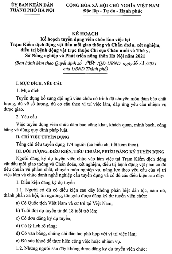 Chi cục Chăn nuôi và Thú y - Sở Nông nghiệp và Phát triển nông thôn Hà Nội tuyển dụng viên chức năm 2021