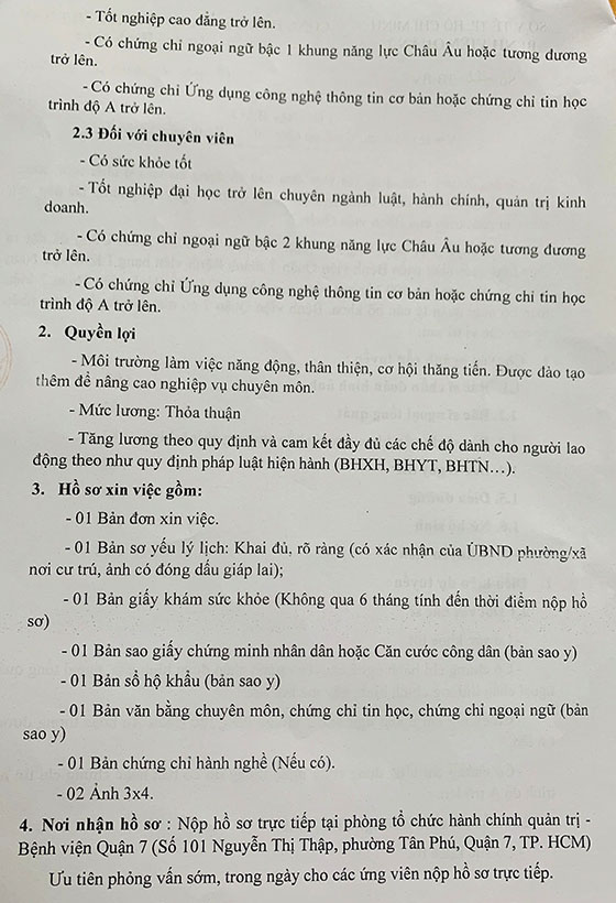 Bệnh viện Quận 7, TP. Hồ Chí Minh tuyển dụng nhân sự năm 2021