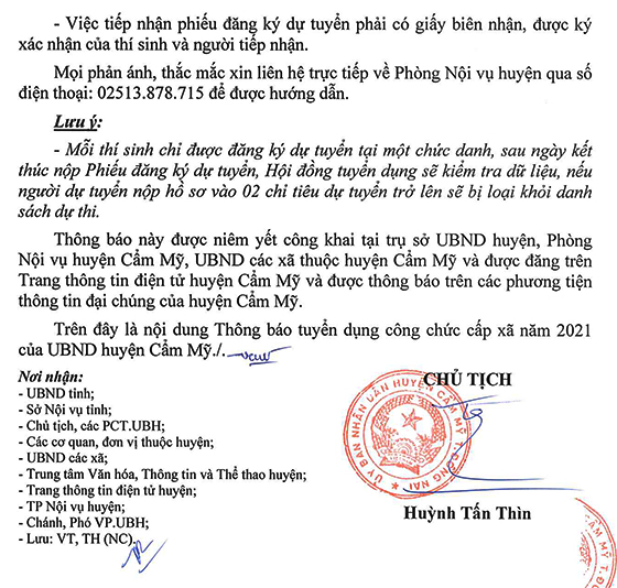 UBND huyện Cẩm Mỹ, Đồng Nai tuyển dụng công chức cấp xã năm 2021