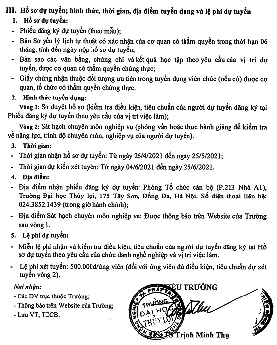 Trường Đại học Thủy lợi tuyển dụng viên chức năm 2021