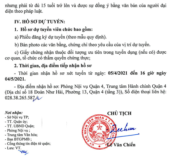 UBND Quận 4, TP. Hồ Chí Minh tuyển dụng viên chức năm 2021