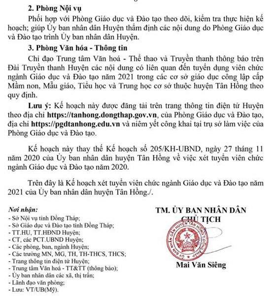 UBND huyện Tân Hồng, Đồng Tháp tuyển dụng viên chức giáo dục năm 2021