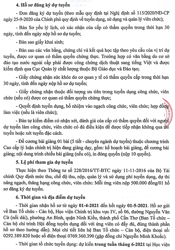 Học viện Chính trị khu vực IV thông báo tuyển dụng viên chức năm 2021