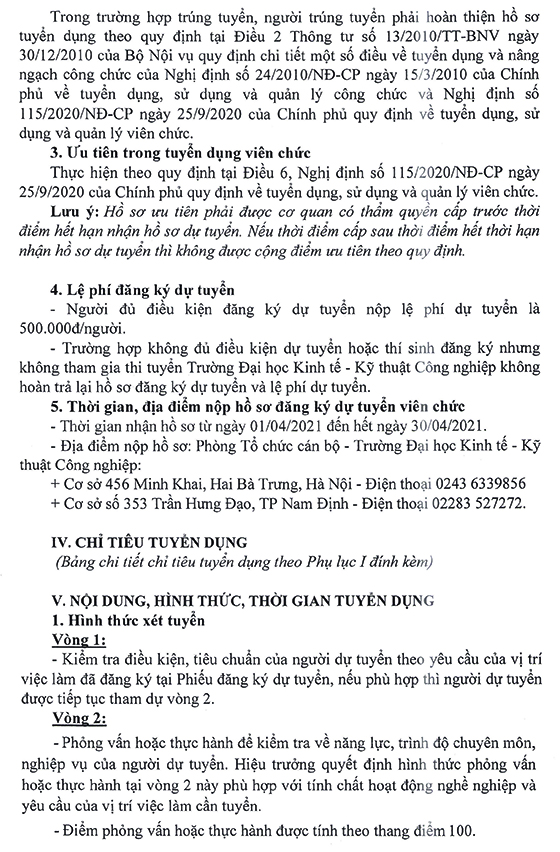 Trường Đại học Kinh tế - Kĩ thuật Công nghiệp tuyển dụng viên chức đợt 1 năm 2021