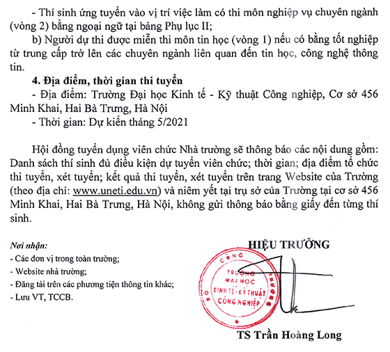 Trường Đại học Kinh tế - Kĩ thuật Công nghiệp tuyển dụng viên chức đợt 1 năm 2021