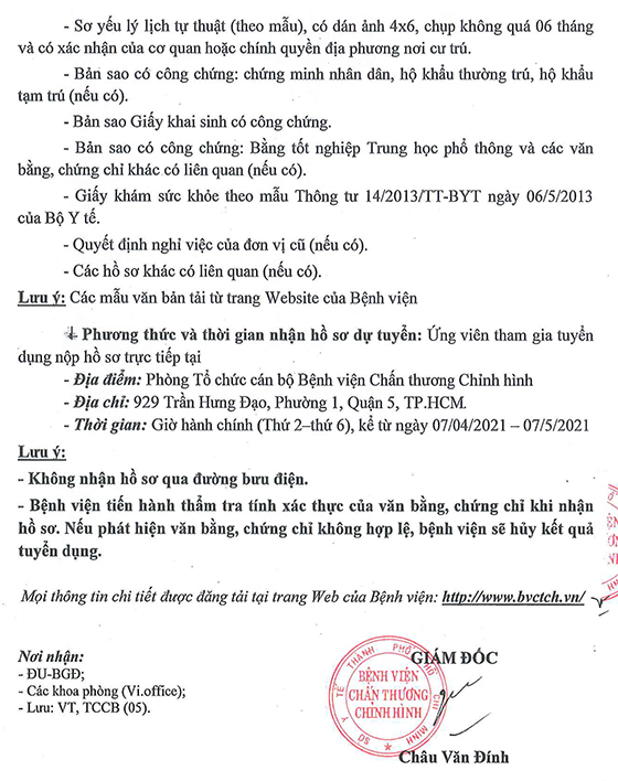 Bệnh viện Chấn thương Chỉnh hình tuyển dụng lao động năm 2021