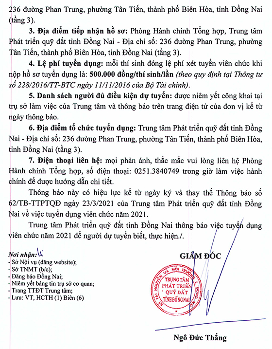 Trung tâm Phát triển quỹ đất tỉnh Đồng Nai thông báo tuyển dụng viên chức năm 2021