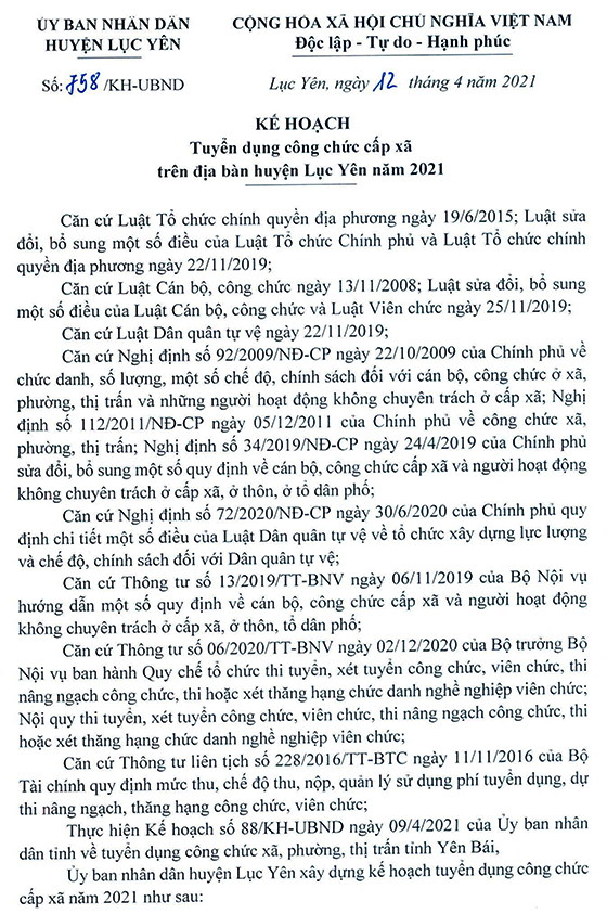 UBND huyện Lục Yên, Yên Bái tuyển dụng công chức cấp xã năm 2021