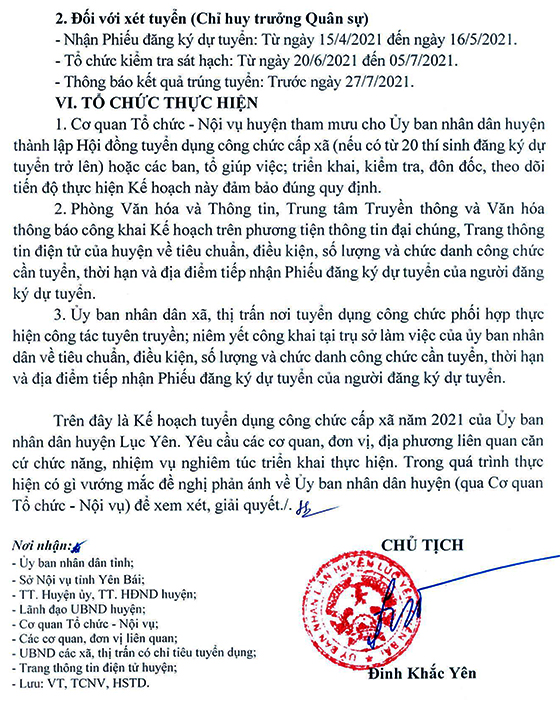 UBND huyện Lục Yên, Yên Bái tuyển dụng công chức cấp xã năm 2021