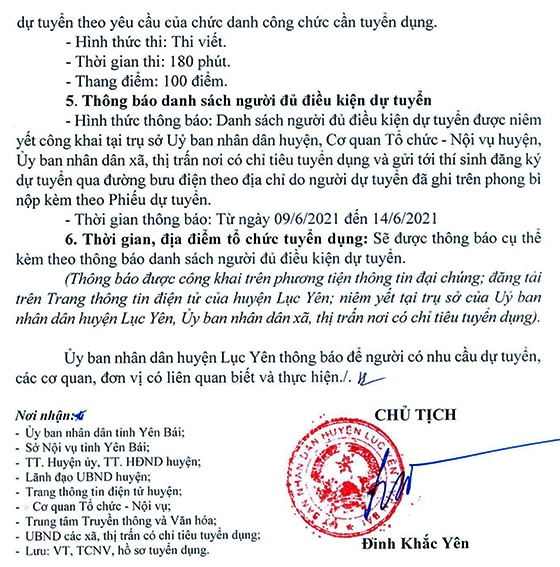 UBND huyện Lục Yên, Yên Bái tuyển dụng công chức cấp xã năm 2021