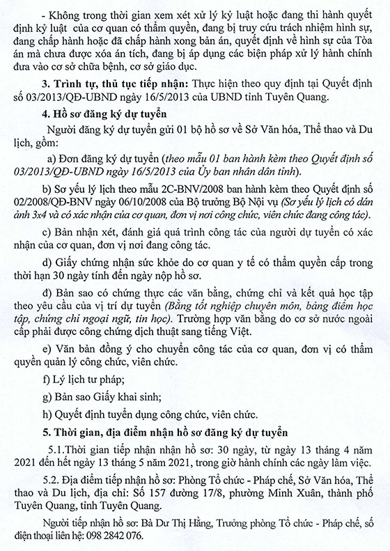 Sở Văn hóa, Thể thao và Du lịch tỉnh Tuyên Quang tiếp nhận công chức, viên chức 6 tháng cuối năm 2020