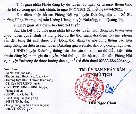 UBND huyện Đakrông, Quảng Trị thông báo tuyển dụng viên chức sự nghiệp năm 2021