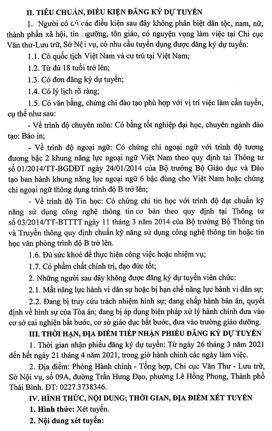 Chi cục Văn Thư - Lưu trữ trực thuộc Sở Nội vụ Thái Bình tuyển dụng viên chức năm 2021