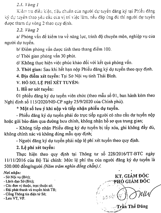Chi cục Văn Thư - Lưu trữ trực thuộc Sở Nội vụ Thái Bình tuyển dụng viên chức năm 2021