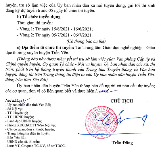 UBND huyện Trấn Yên, Yên Bái tuyển dụng công chức cấp xã năm 2021