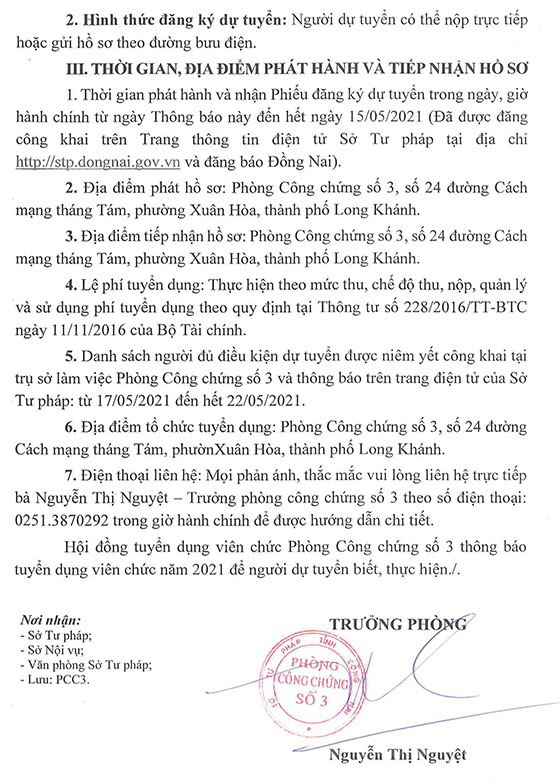 Phòng Công chứng số 3 - Sở Tư pháp tỉnh Đồng Nai tuyển dụng viên chức năm 2021