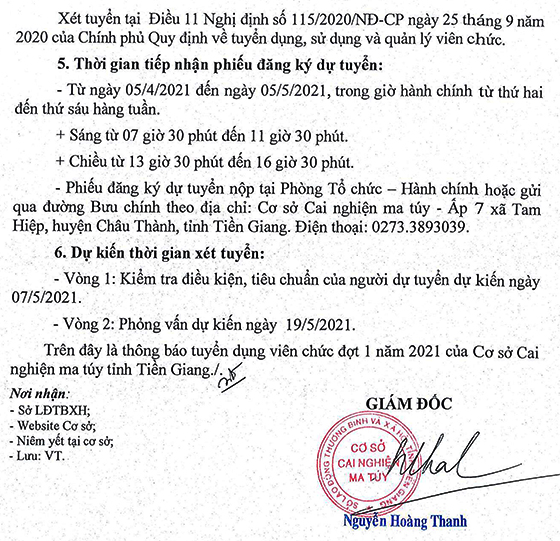 Cơ sở Cai nghiện ma túy tỉnh Tiền Giang tuyển dụng viên chức đợt 1 năm 2021