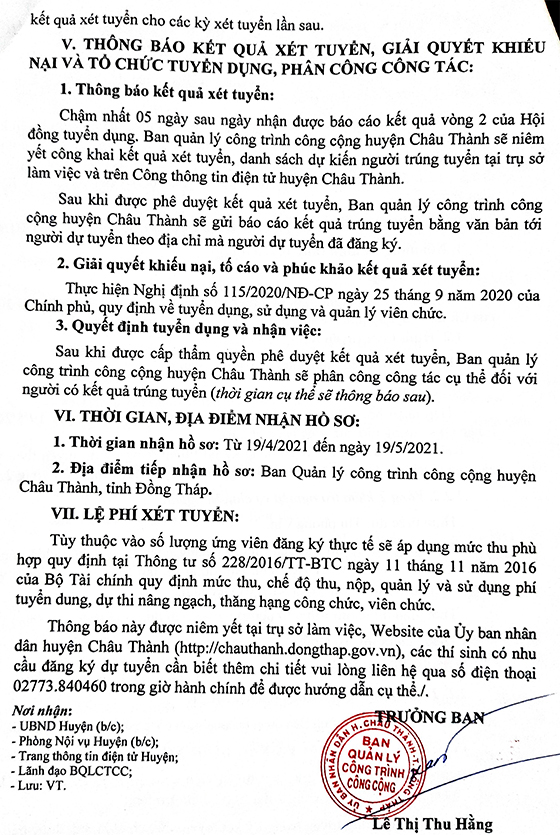 BQL công trình công cộng huyện Châu Thành, Đồng Tháp tuyển dụng viên chức năm 2021