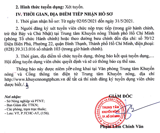 Trung tâm Khuyến nông TP.Hồ Chí Minh tuyển dụng viên chức năm 2021
