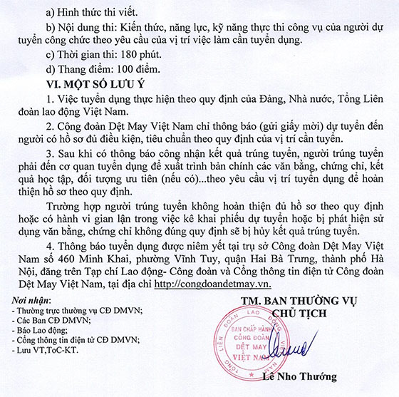 Công đoàn Dệt May Việt Nam tuyển dụng công chức năm 2021