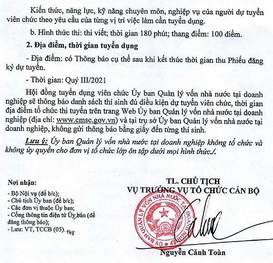 Ủy ban Quản lý vốn nhà nước tại doanh nghiệp tuyển dụng công chức năm 2021 