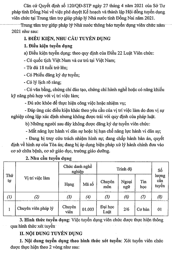 Trung tâm trợ giúp pháp lý Nhà nước - Sở Tư pháp tỉnh Đồng Nai tuyển dụng viên chức năm 2021