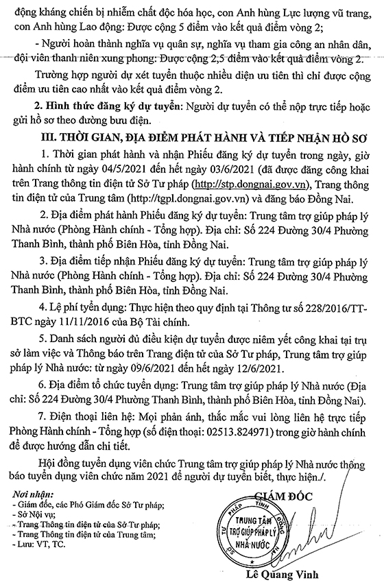 Trung tâm trợ giúp pháp lý Nhà nước - Sở Tư pháp tỉnh Đồng Nai tuyển dụng viên chức năm 2021