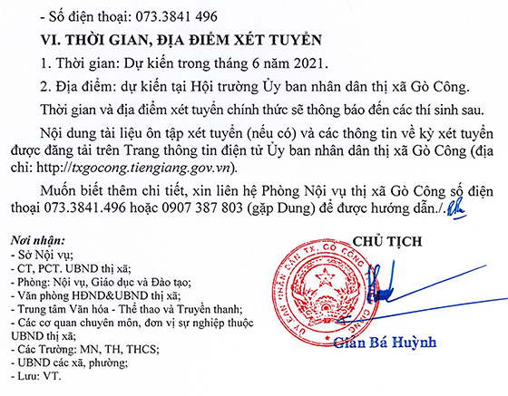 UBND thị xã Gò Công, Tiền Giang tuyển dụng viên chức năm 2021