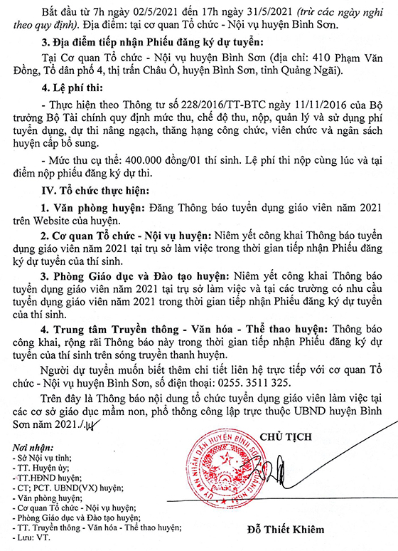 UBND huyện Bình Sơn, Quảng Ngãi tuyển dụng giáo viên các cấp năm 2021