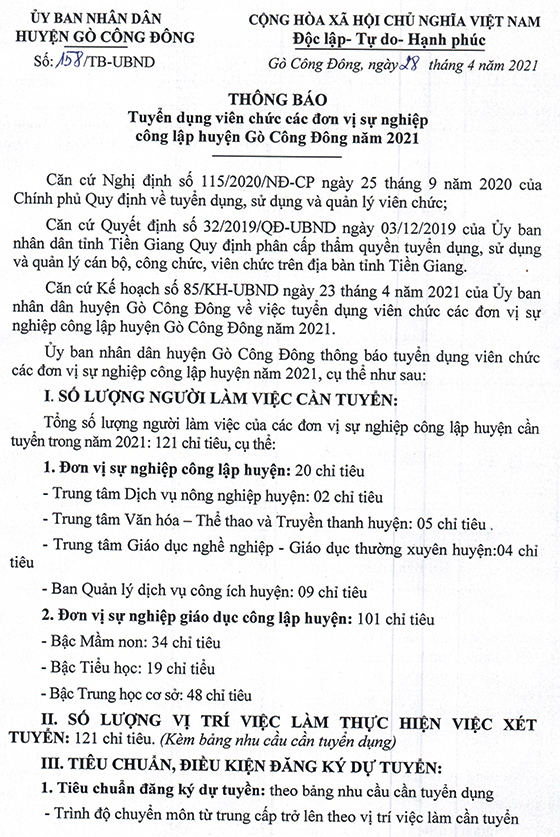 UBND huyện Gò Công Đông, Tiền Giang tuyển dụng viên chức năm 2021