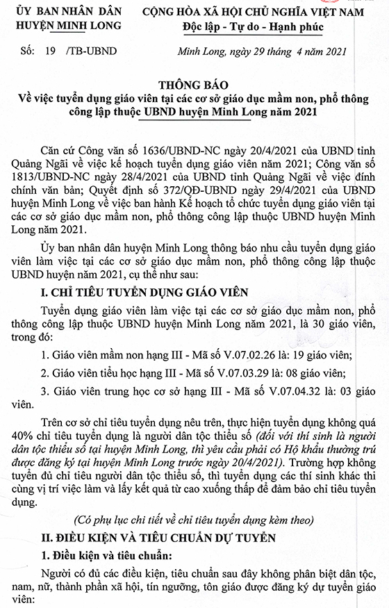 UBND huyện Minh Long, Quảng Ngãi tuyển dụng giáo viên các cấp năm 2021