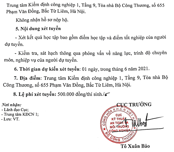 TT Kiểm định công nghiệp 1 - Bộ Công thương tuyển dụng viên chức năm 2021 