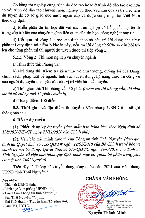 Văn phòng UBND tỉnh Thái Nguyên tuyển dụng công chức năm 2021