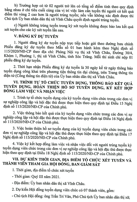 UBND thị xã Vĩnh Châu, Sóc Trăng tuyển dụng viên chức năm 2021